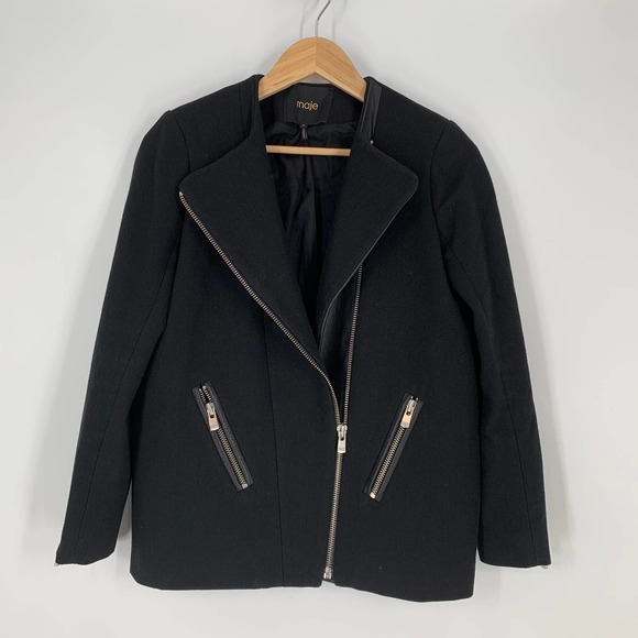 Maje Wool and Leather Moto Jacket Asymmetric Wool Blend Coat Stylized, Black, S - Picture 1 of 10